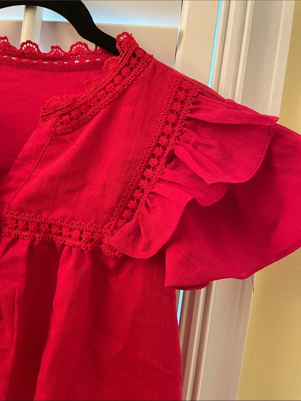 Bright Red Ruffle Sleeve Boho Top - Picture 2 of 5